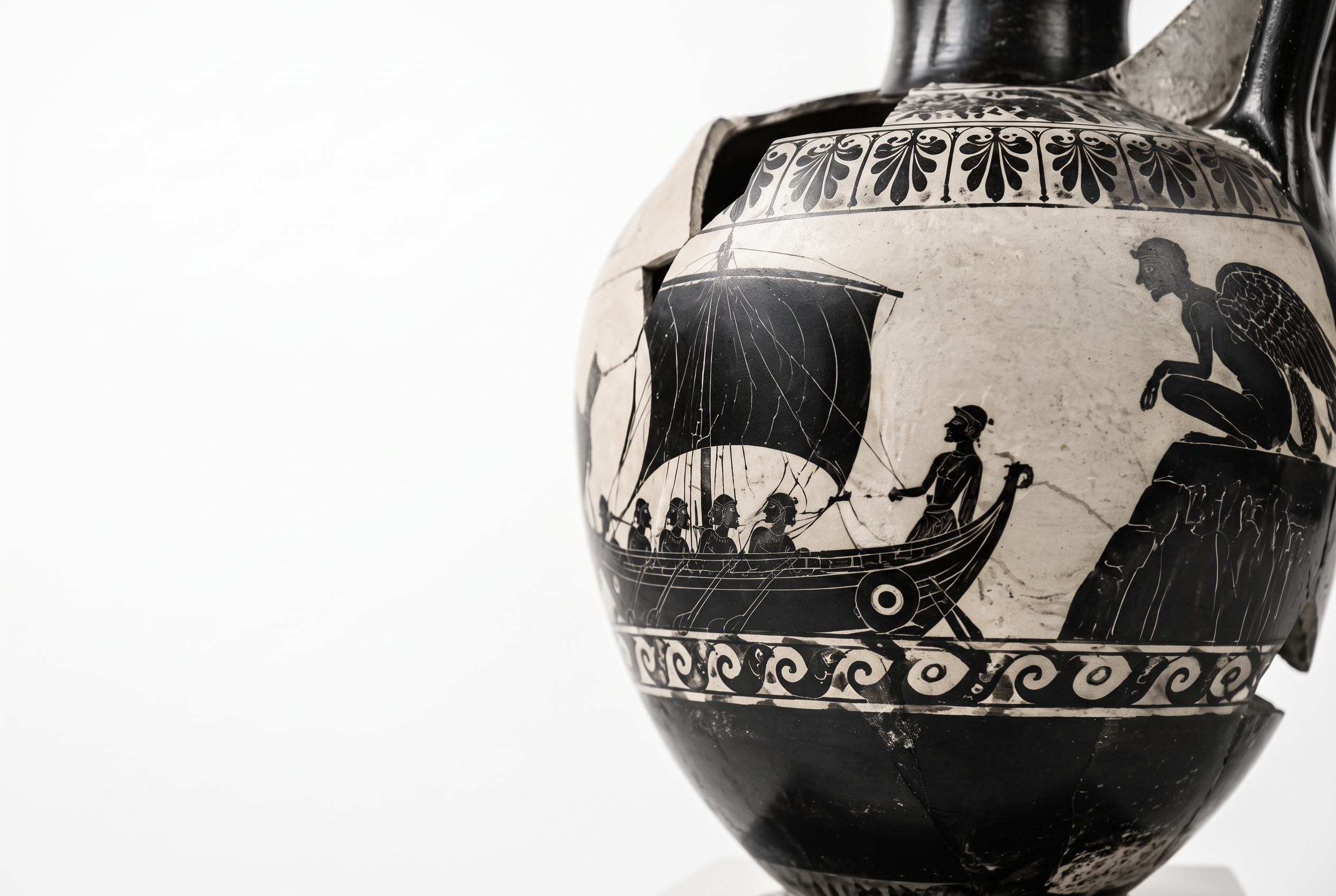 Ancient Greek vase painted with Ulysses' ship, on a white background